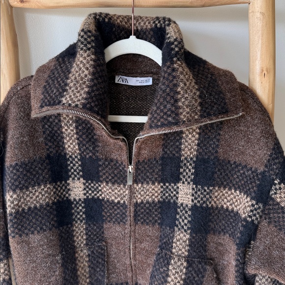 ZARA Plaid Zip Up Collared Soft Knit Sweater Brown Black Tan with Pockets L - Picture 5 of 16